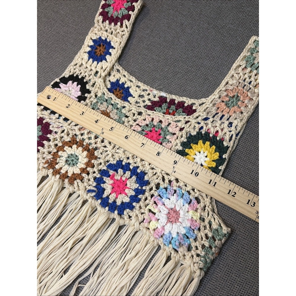 Y2K Crochet Granny Square‎ Fringe Crop Top Boho Festival Hippie Knit Vest Small - Picture 6 of 8
